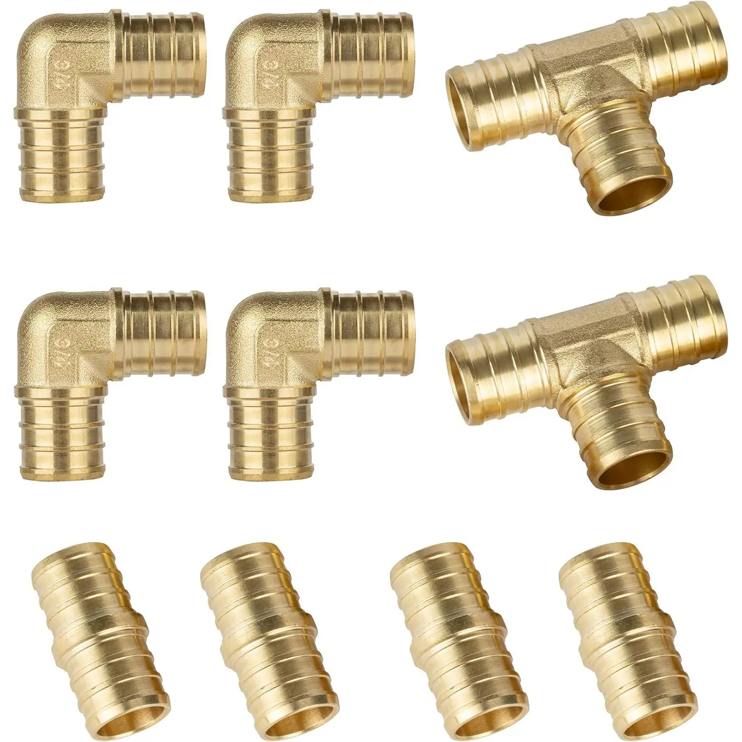 PEX Fittings, 10pcs 3/4 inch PEX Straight Coupling (4pcs) Degree Elbow (4pcs) PEX Tee (2pcs), Brass Barb Crimp Pipe Hose Fittings (Pack of 10)