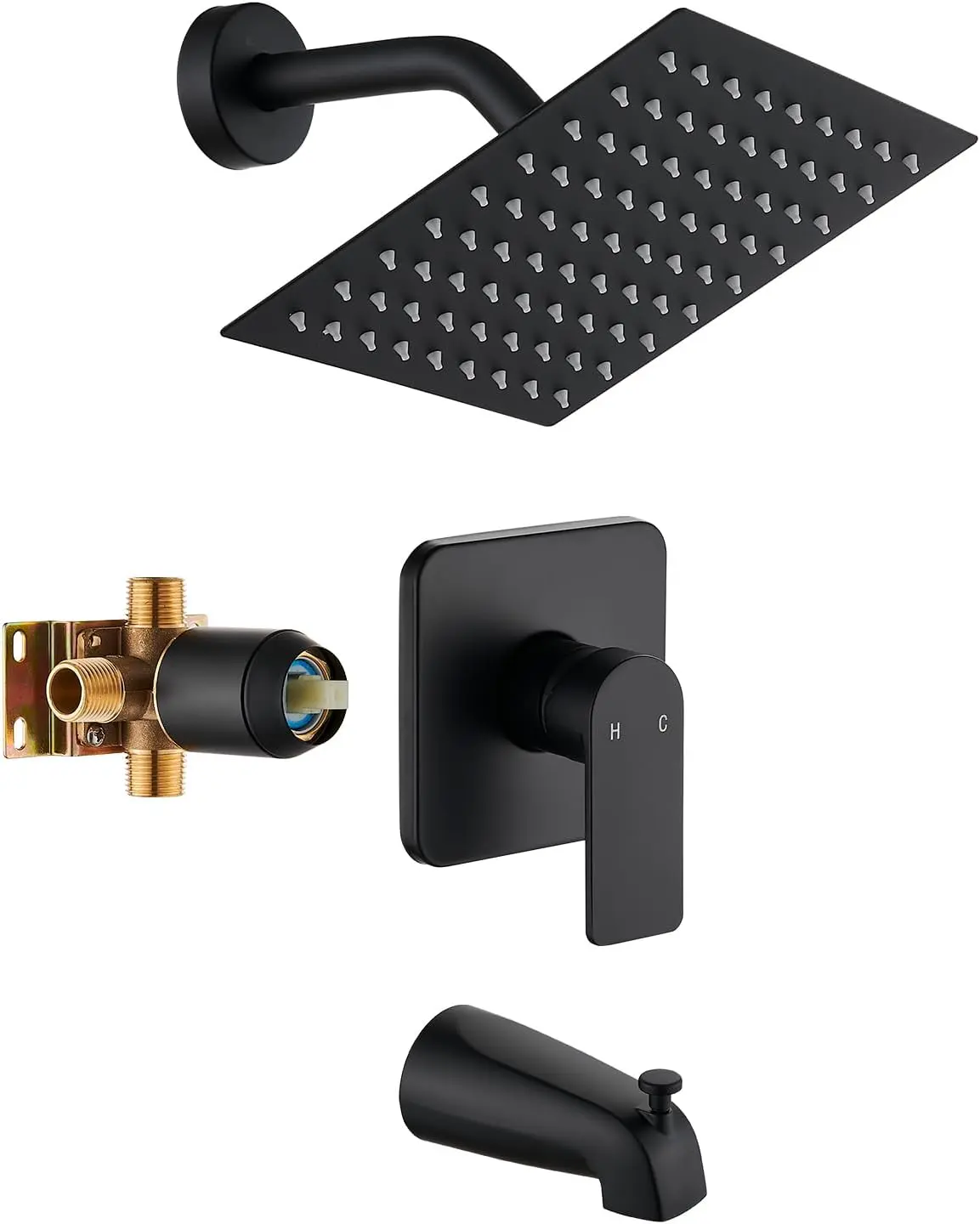 Black Tub Shower Faucet Set With 8" Shower Head & Spout
