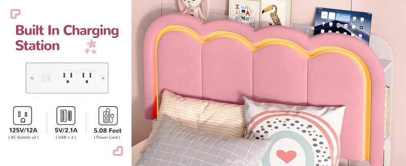 Vabches Twin LED Bed Frame with Storage Headboard and 4 Drawers, Upholstered Platform Bed Frame with Bookcase, Velvet Princess Bed for Kids Girls, Charging Station, No Box Spring Needed