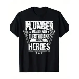 Men's Funny Plumber Hero Graphic T-Shirt - 100% Cotton Stretch Knit Fabric, Plumbing Tools Design with Wrench & Pipe Print, Comfortable Round Neck Short Sleeve, All-Season Casual Wear, Durable Print Quality, Ideal Gift for Plumbers & Electricians - Plumbi