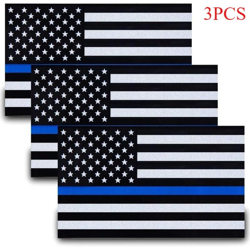 3pcs Reflective US Flag Stickers, Thin Blue Line American Flag Decal Car Laptop Bumer Sticker 5"x3" Vinyl, Support USA Police and Law Enforcement Officers