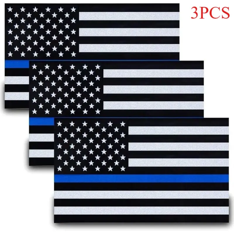 3pcs Reflective US Flag Stickers, Thin Blue Line American Flag Decal Car Laptop Bumer Sticker 5"x3" Vinyl, Support USA Police and Law Enforcement Officers