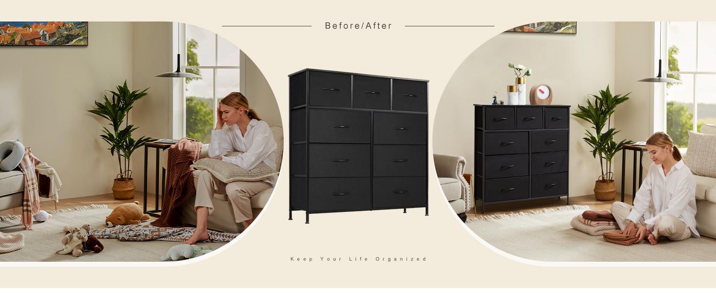【New Color】Fabric Storage Tower with 9 Drawers, Bedroom Drawer Dresser Organizer, Chest of Drawers with Fabric Bins, Steel Frame and Wood Top for Bedroom, Closet, Entryway