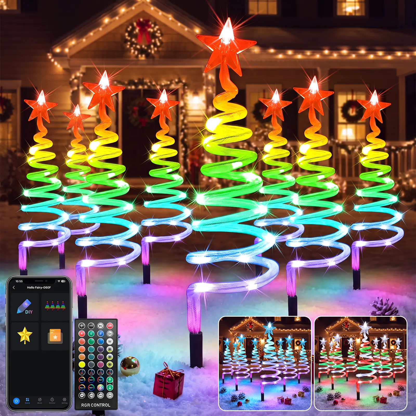 Avatar Controls 8 Pack Smart Control RGB Connectable Christmas Spiral Tree Pathway Lights DIY & Scene Modes, Connectable Spiral Tree Lights with Music, Timer, Schedule, Waterproof LED Christmas Outdoor Decorations