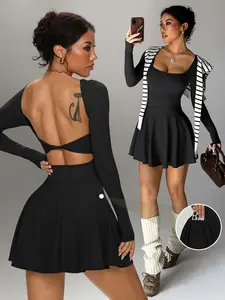 Hijesse Women's Seamless Knit Sports Dress, Solid Cross Back, Long Sleeve Square Neck Tennis Dress, Indoor Outdoor Sports Yoga, Skin-Friendly Fabric, Tight-Fitting Shaping Flattering Figure