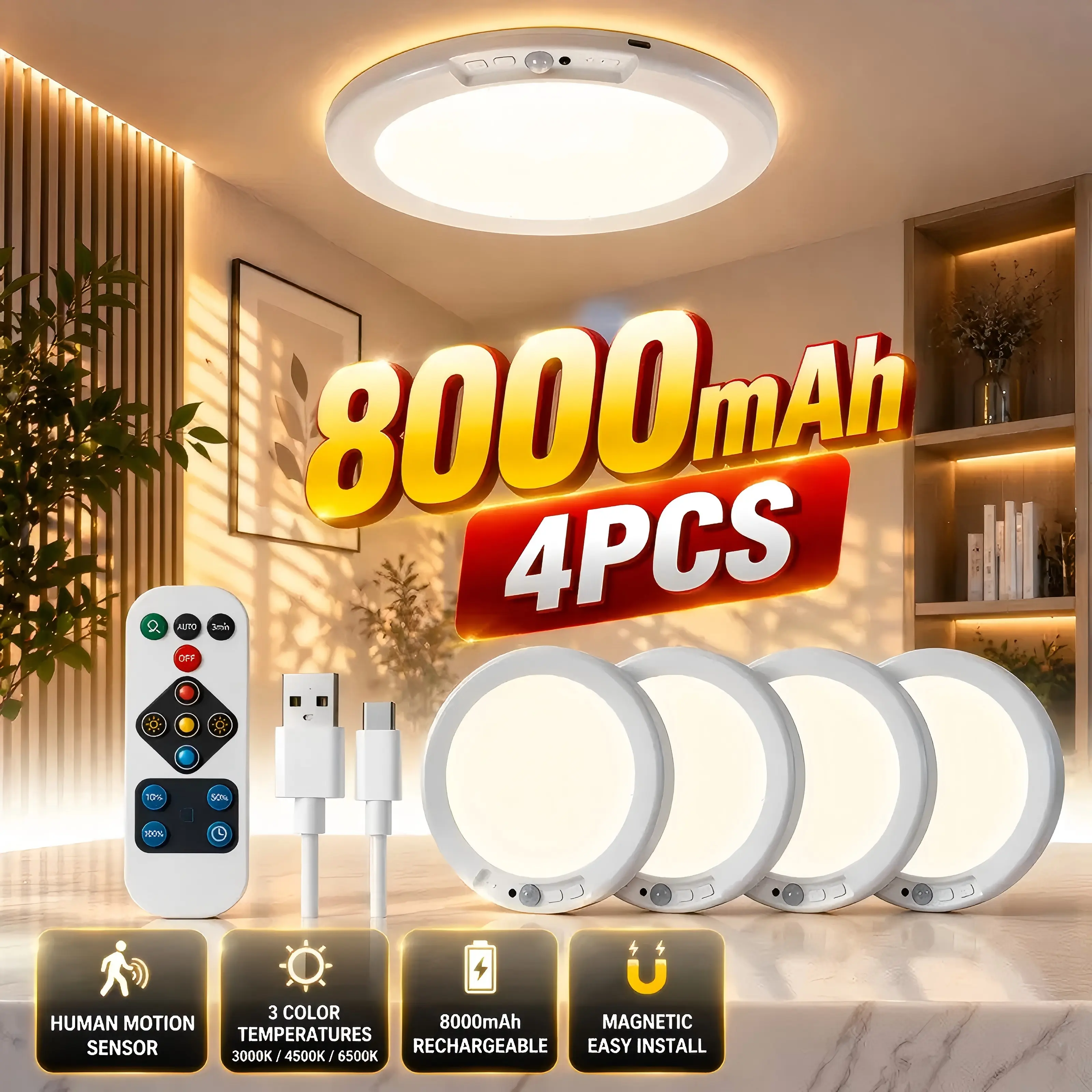 Magnetic LED Home Lighting Ceiling Light - Rechargeable/Dry Battery Powered, Motion Sensor, Remote Control, 3 Color Modes, 10 Brightness Settings, 7-10 Hr Runtime, 30-60 Day Lifespan, 4/2/1 Packs, Ideal for Closets, Hallways
