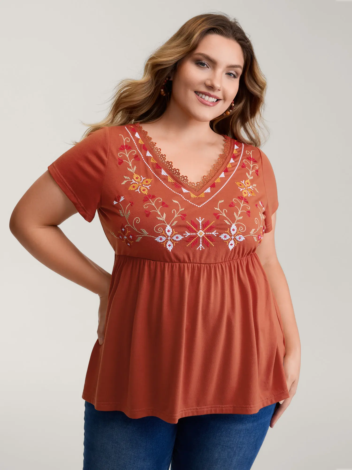 BLOOMCHIC Women's Plus Size Bohemian Floral Embroidery Lace Knit Shirt - Spandex Fabric, Pocket Design, Flattering Fit, Blouse with Sleeves - [M-6X] 2026 Summer Collection, Shirts, Blouses