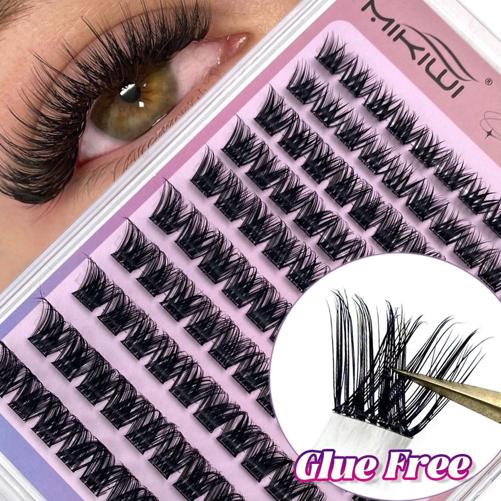MIKIWI D Curl 110PCS Lash Clusters Wispy Glue Free Eyelash Extensions Fluffy Self Adhesive Individual Lashes 10-16mm Mix Length Natural DIY Cluster Lashes With Soft Thin Band