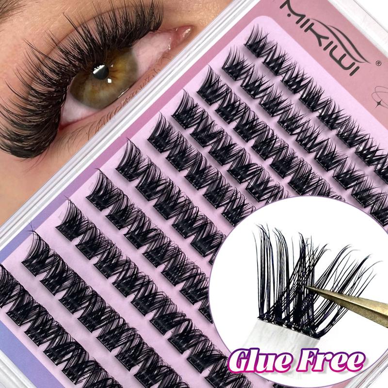 MIKIWI D Curl 110PCS Lash Clusters Wispy Glue Free Eyelash Extensions Fluffy Self Adhesive Individual Lashes 10-16mm Mix Length Natural DIY Cluster Lashes With Soft Thin Band