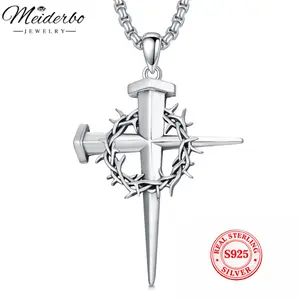 MEIDERBO Three Nail Cross Necklace 925 Sterling Silver 3 Nail Cross Pendant Christian Jewelry Gifts for Men 22+2"
