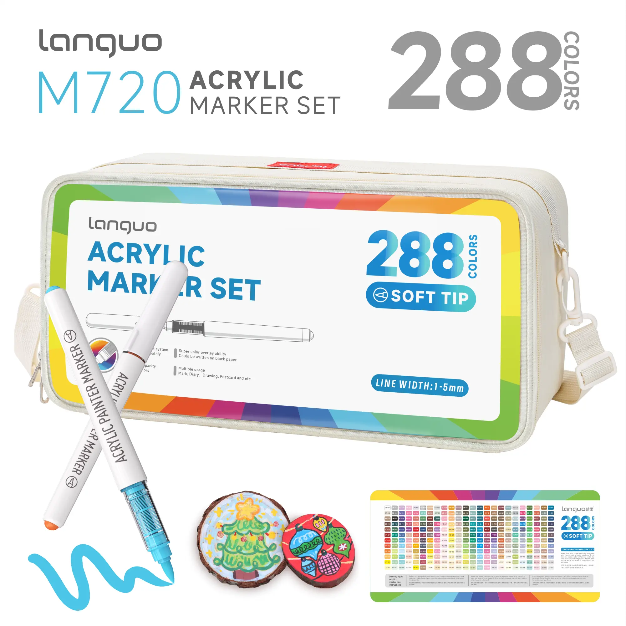 Languo Acrylic Color Marker Set - Soft Brush Tips, Automatic Ink Control, Canvas Bag for Easy Storage & Transport, Office Art Supplies for DIY Crafts, Crafts and Art Projects (Acrylic Markers for Office Stationery Needs), Markers For Coloring