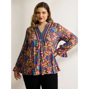 【Summer Turn-Up】【Neck-Lengthening】BlOOMCHIC Plus Size Floral Print Contrast Webbing Notched Neckline Blouse [M-6X] 2026 Summer Pick for Mother's Day