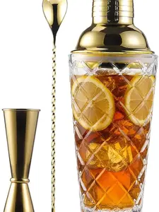 Glass Cocktail Shaker Set with Built-in Strainer – 16oz Thickened Pineapple Glass Gold Shaker Set, Gold Jigger & Bar Spoon with Muddler for Home Bar/Trolley Décor/Margaritas/Martinis