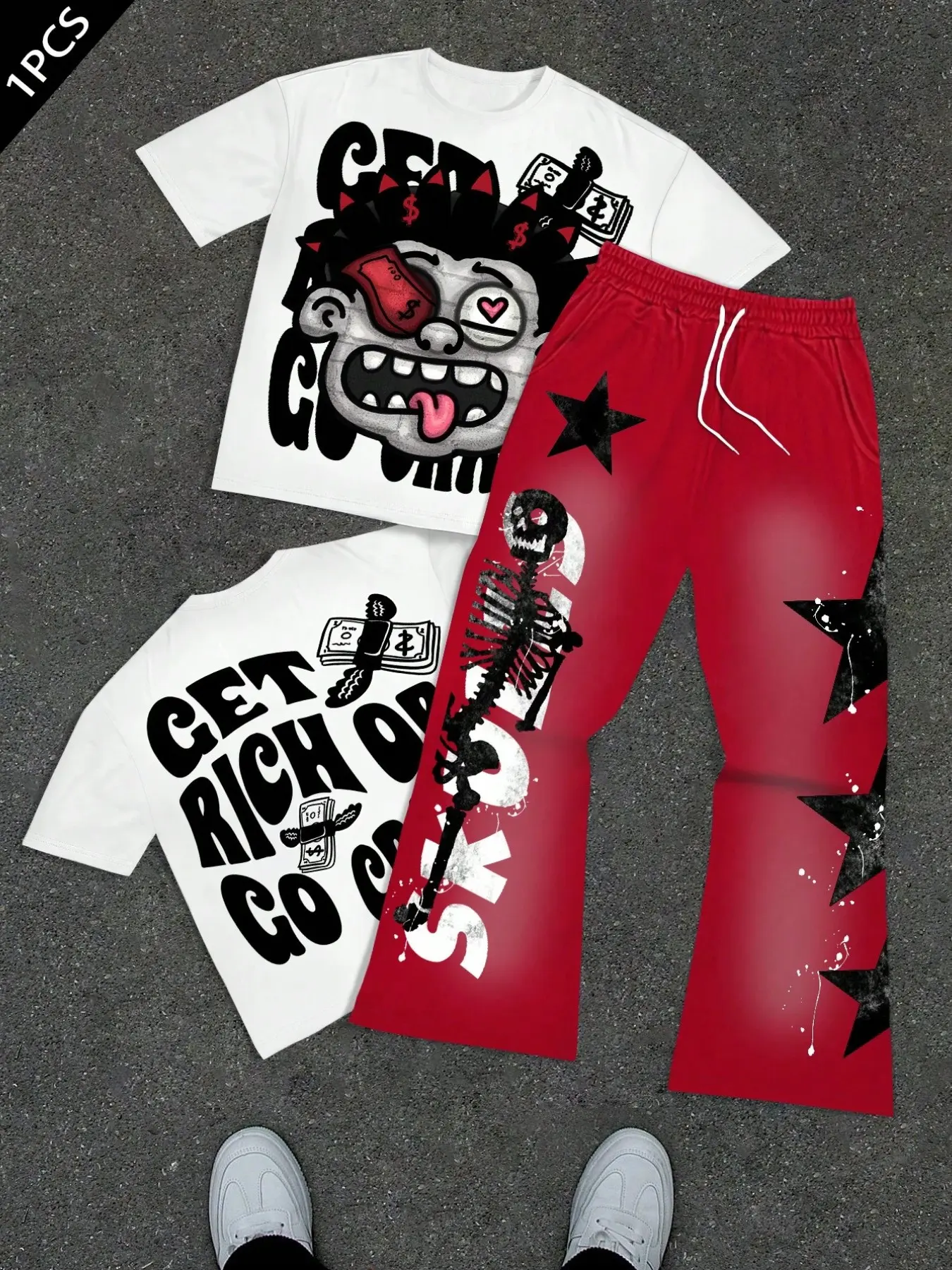 Two-piece men's casual loose street style crew neck short-sleeved T-shirt and flared sweatpants set with fun portrait and letter print patterns
