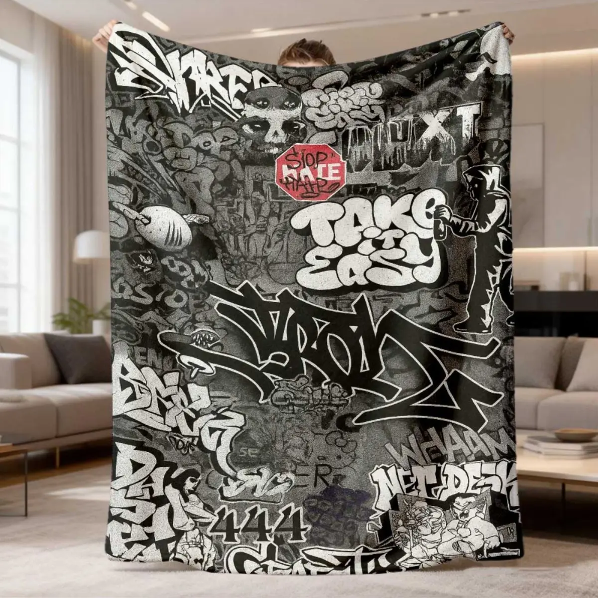 Black White Graffiti Throw Blanket, Street Art Fleece Blanket, Urban Hip Hop Skate Style Cozy Blanket for Couch Bed Dorm Room Decor