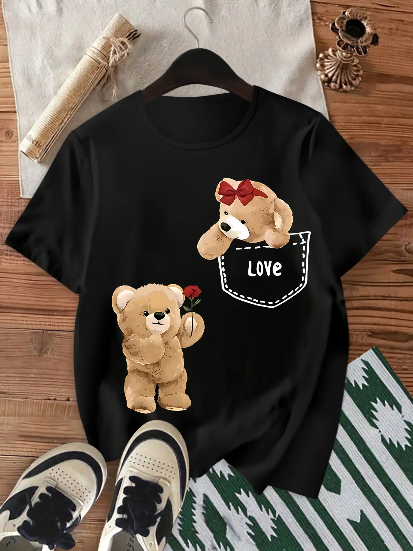 Women's T-Shirt with Teddy Bear Print Pocket - Casual Gray Stretch Cotton Shortsleeve Crewneck for Everyday Summer Wear, Fabric, Tshirt, Round Neck