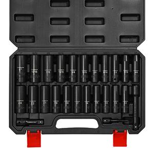 CASOMAN 25PCS 1/2" Drive Impact Socket Set, Deep, Cr-V Steel, 6 Point, Metric&SAE, 12mm to 24mm, 3/8 Inch to 1 Inch, Includes Extension Bars: 3-inch, 5-inch, 1/2-1/4 adapter CASOMAN 25PCS 1/2" Drive Impact Socket Set, Deep, Cr-V Steel, 6 Point, Metric&SAE, 12mm to 24mm, 3/8 Inch to 1 Inch, Includes Extension Bars: 3-inch, 5-inch, 1/2-1/4 adapter