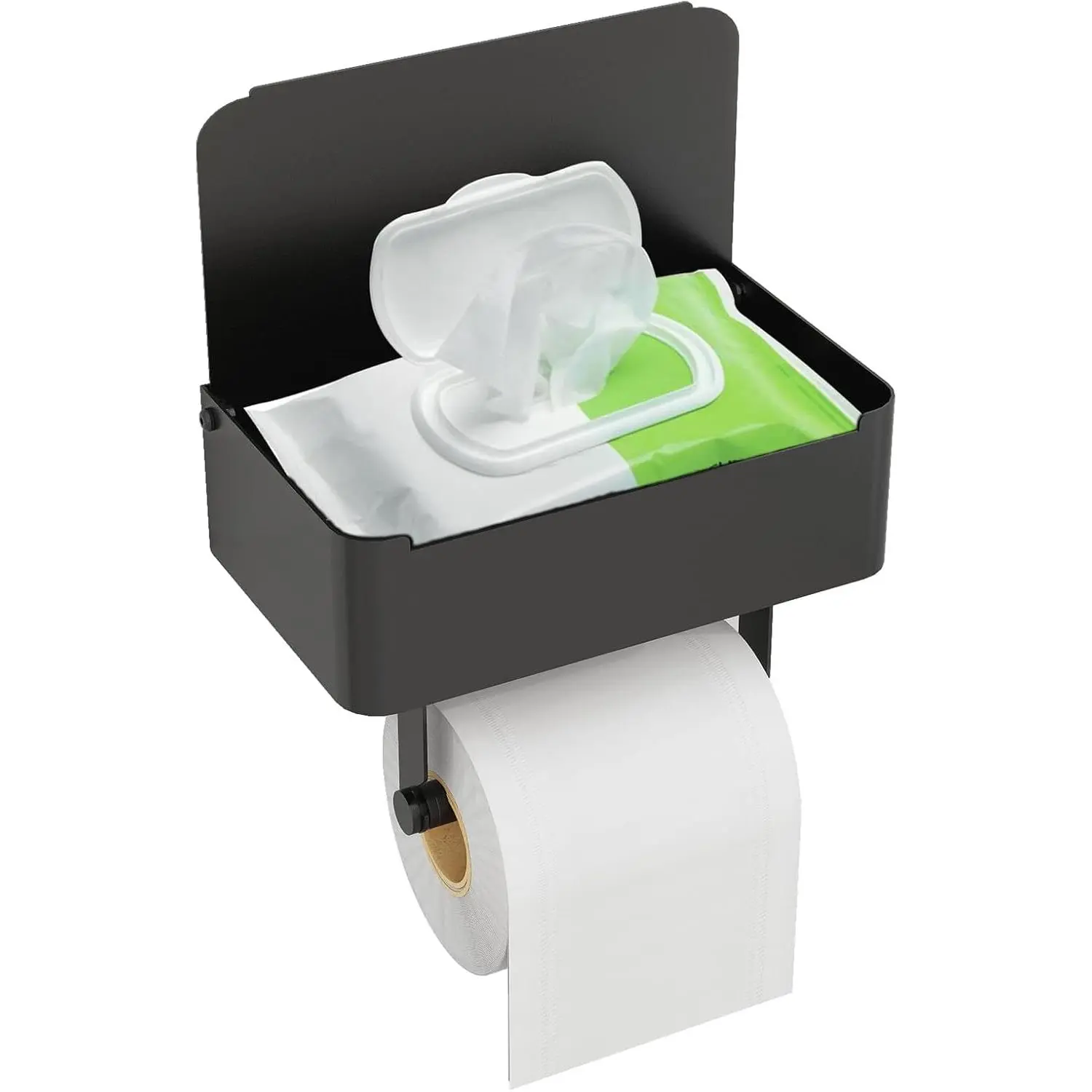 Toilet Paper Holder with Shelf, Flushable Wipes Dispenser Fits for Bathroom Wipe Storage, Keep Your Wipes Hidden Out of Sight -Stainless Steel Wall Mount Organizer (Matte Black)
