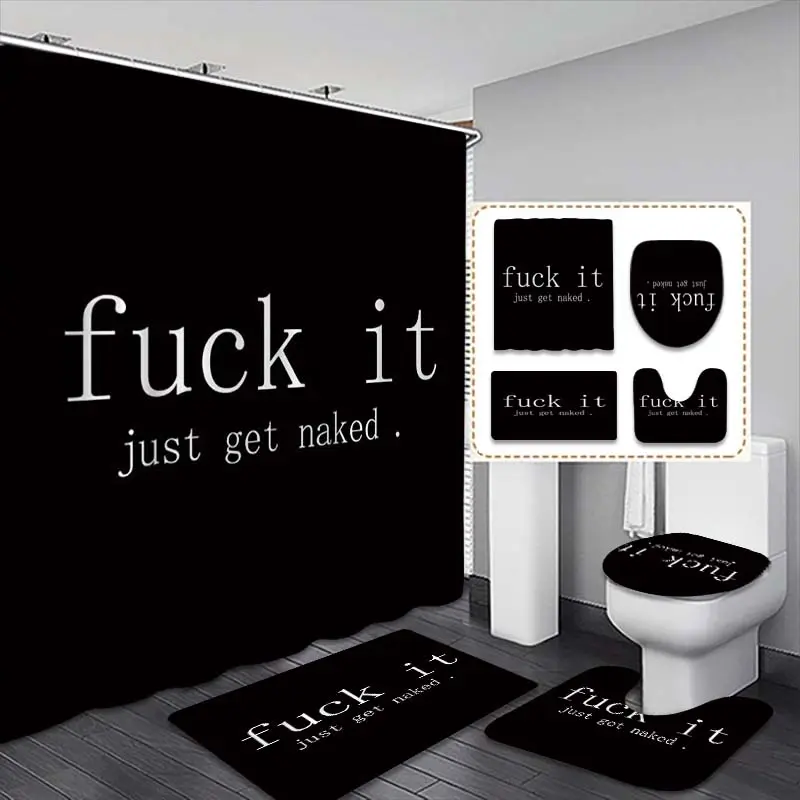 4-Piece Polyester Bold "Fuck It" Art Shower Curtains Set Package, Bathroom Accessory with Bath Mat, Toilet Lid Cover, 12 Hooks, Elegant Decor, Polyester Material Fit, Polyester Fits