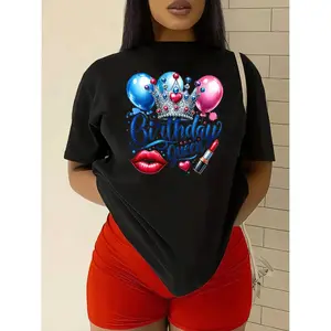 Women's Birthday Queen Graphic Tee - White Casual Round Neck Short Sleeve Top with Balloon & Lipstick Design, Perfect for Spring & Summer Celebrations, Birthday Shirt