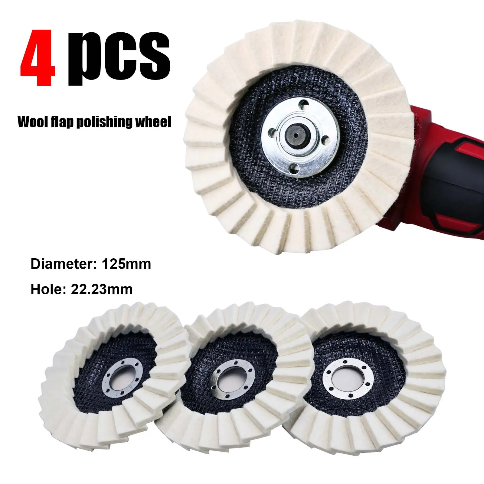 4 Pcs 5-In (125mm) Wool Buffing Wheels, Power Tool Accessories with Fiberglass Backer for Vibration Absorption, Heat Dissip., 7/8" Arbor Angle Grinder Fit, Tile/Glass/Metal Scratch Repair & Car Paint Mirror Finish