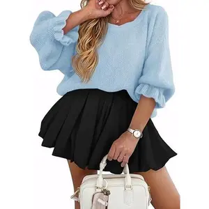 Cicy Bell Womens Oversized Sweater Tops Crewneck Ruffle Puff Sleeve Knit Fall Sweaters Loose Fit Trendy Pullover Top Fuzzy Knitwear