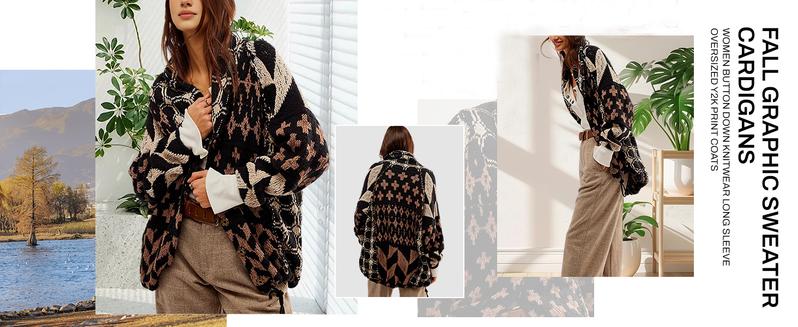 Tanming Women's TikTokShopBlackFriday Oversized Geometric Checkered Cardigan Sweater Long Sleeve Drop Shoulder Chunky Knit Plaid Shawl Collar Coats Y2k Print for Autumn Winter Casual Wear Polyester Material Breathable Fit Medium Tops