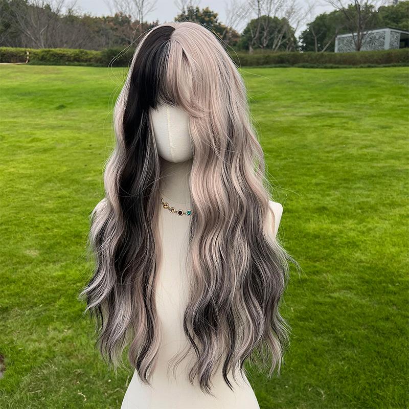 SMILCO/28Inch Highlight Black and Grayish-pink with Bangs Synthetic Hair For Halloween/Cosplay /SM391