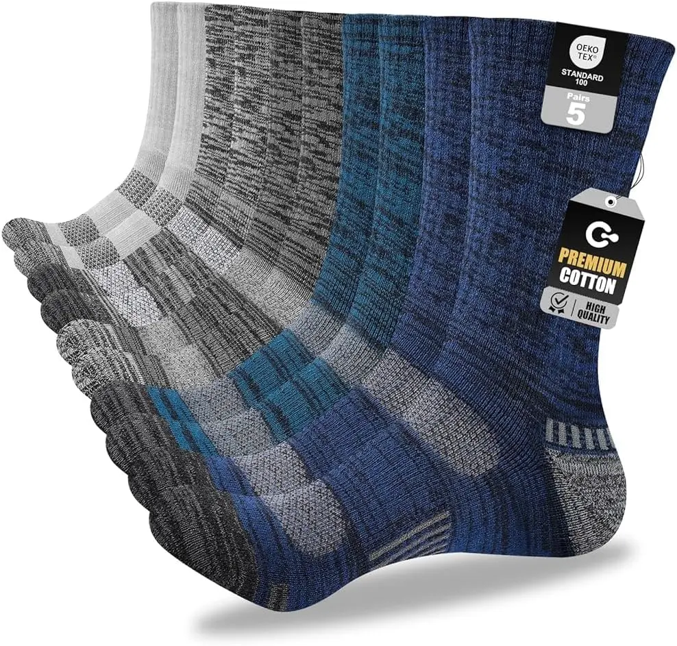Men's Cotton Classic Crew Length Boot Socks - 5 Pairs (Black, 5Pairs- Gray, 20pairs-mix), Full Cushion, Moisture-Wicking, Durable, Reinforced, Machine Washable, All Seasons, Sportswear, Soft Breathable Socks for Work, Hiking