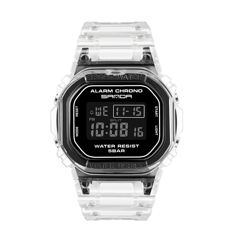 Fashionable waterproof digital watch with luminous display, dual date and time display, transparent strap, unisex sports and leisure wristwatch.