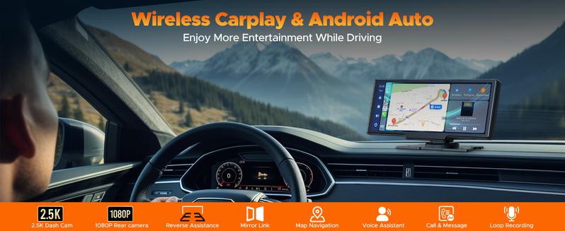 【Valentines】9.26" Automotive Wireless CarPlay In-Car Screen – Comes with a Dash Cam Featuring a 2.5K Front Camera and 1080P Rear Camera, Rearview Assistance, Voice Calls and Navigation,  Bluetooth, and AUX Audio Output. Suitable for Vehicle Upgrades