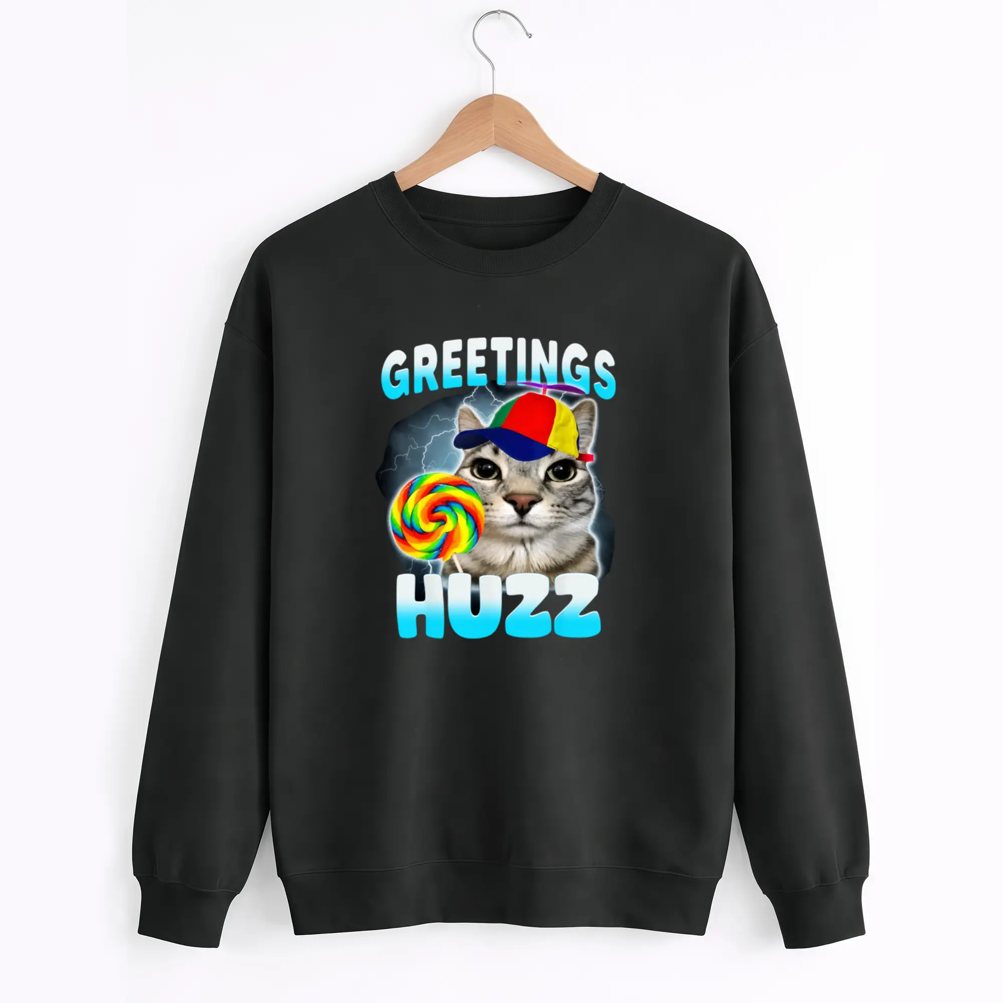 Men's Long Sleeve Sweatshirt with Collar – Cozy Streetwear Featuring Playful "Where The Huzz At" Cat Meme Design for Cat Enthusiasts