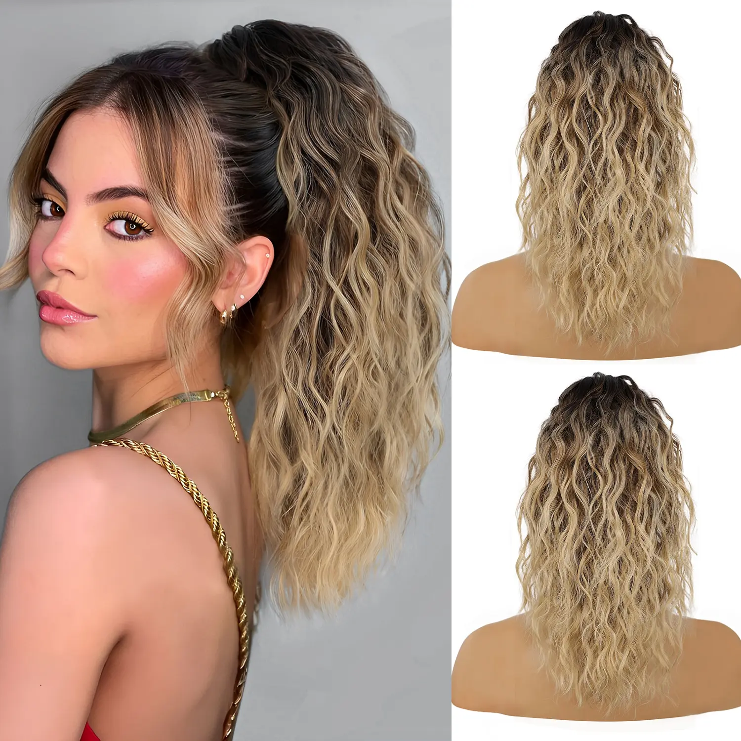 Iridescent Claw Ponytail Extension Black Brown 18" Curly Pony Tail Clip in Hair Extensions for Women Fluffy Natural Looking Synthetic Hairpiece for Daily Use