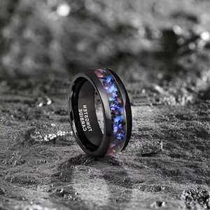 "Durable Scratch Resistant Yonifu Tungsten Carbide Wedding Ring 8mm Black Band with Blue Opal Galaxy Inlay Unique Gift for Him"