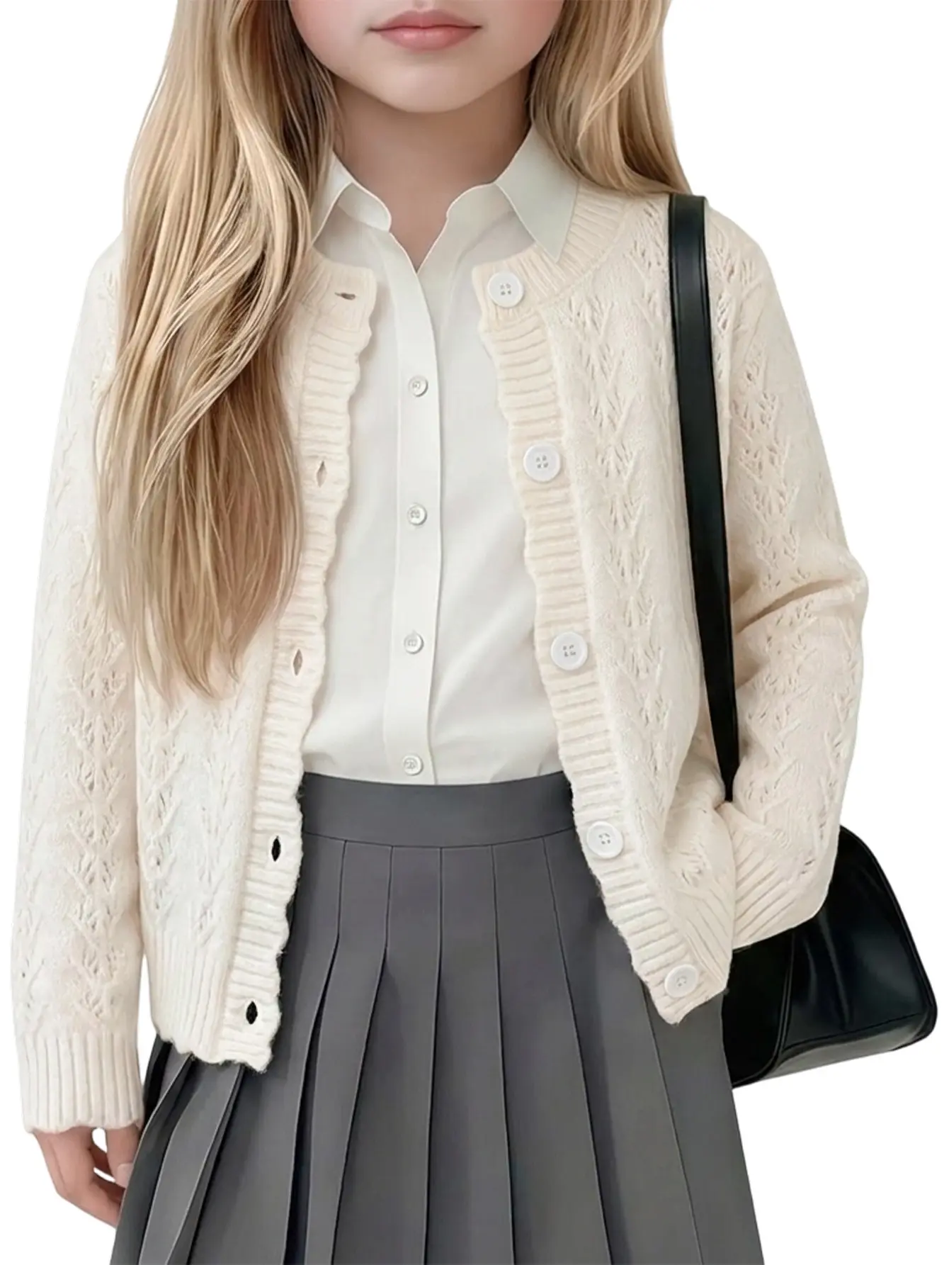 Girls' Hollow-Out Knit Cardigan - 3-12 Years Preppy Long-Sleeve Button-Up Lightweight Layering Sweater for Spring & Fall Casual Wear, Preppy Look