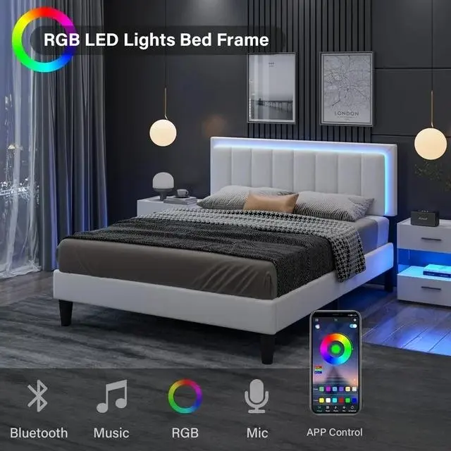 [SummerSale] HOMBCK Led Bed Frame, No Mattress, Soft Modern Bed Frame with Luxury Leather Headboard, APP Adiust the Light, No Box Spring Needed #home essentials#back to school Modern Bedroom Furniture Marshmallow Bed Frame