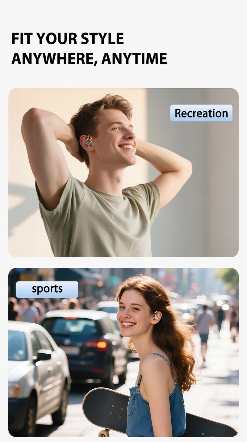 HTC NE35 New Open-Ear Headphones, True Wireless Bluetooth Earphones with Microphone, Earhook Earbuds with 48 Hours of Playtime, Fast Charging, IP55 Water-Resistant, Black