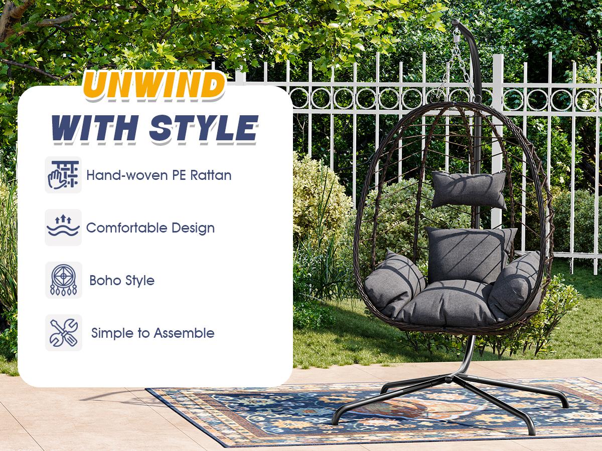 Patio Swing Egg Hanging Chair with Stand, Foldable Wicker Rattan Chair with Cushion, Pillow Holder for Indoor Outdoor Patio Garden Balcony