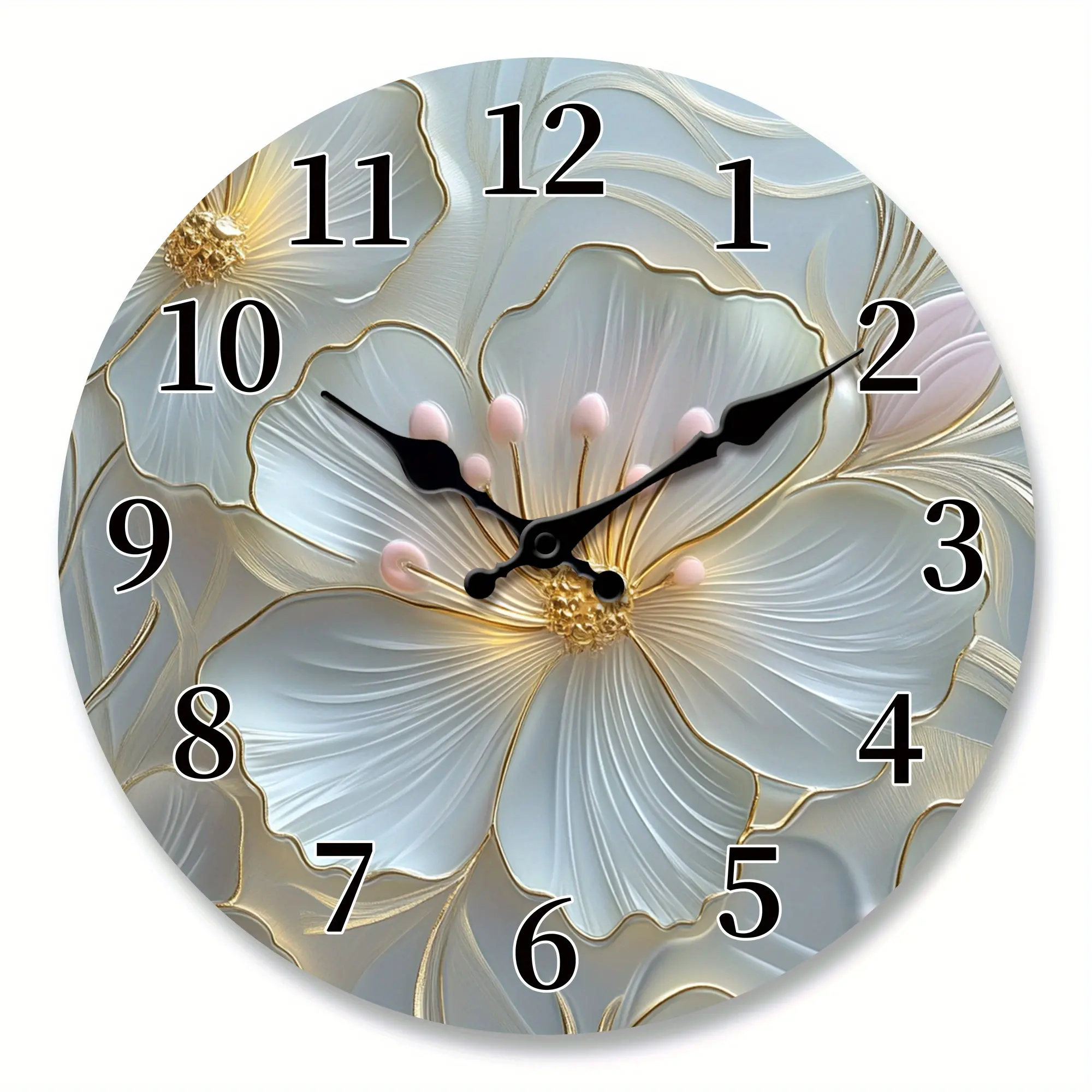 Elegant Flower And Stamen Pattern Design Wooden Wall Clock with Golden And Pink Outline Silent Wall Clock, Living Room, Bedroom, Kitchen, Office Decoration, Modern Home Art Decor, Ideal Christmas, New Year Gift, Birthday Gift
