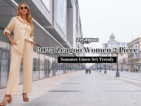 Zeagoo Live  Women 2 Piece Linen Sets Button Down Shirt and Drawstring Long Pants Set Summer Outfits Halloween