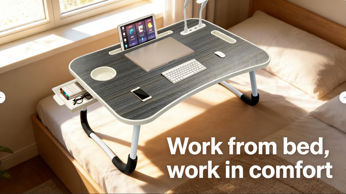 Portable Foldable Laptop Bed Table with 3 USB Ports, Storage Drawer & Cup Holder – Multifunctional Desk Tray for Eating, Reading & Working