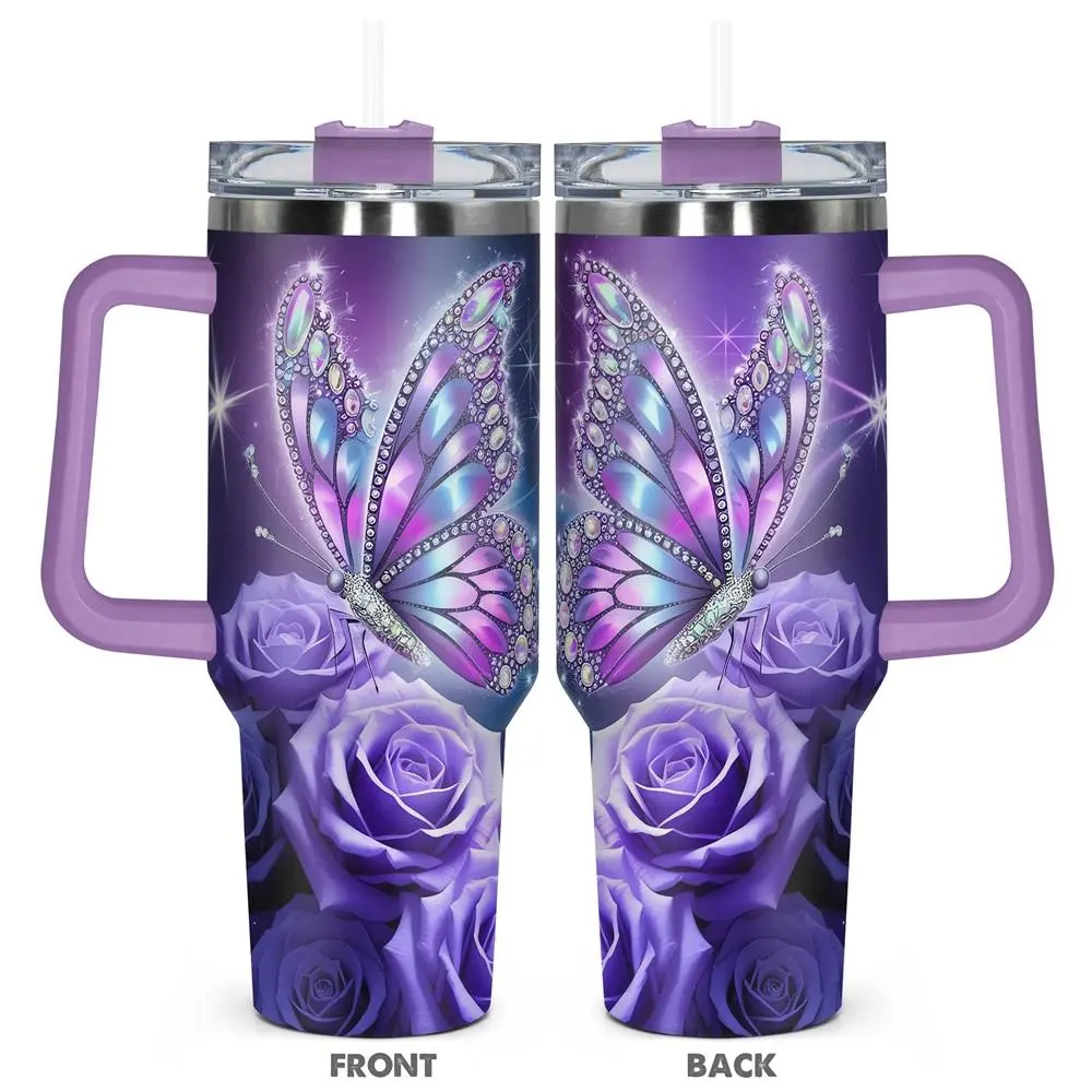 Butterfly & Rose Pattern Tumbler, 40oz Stainless Steel Insulated Travel Tumbler with Lid, Insulated Coffee Tumbler, Gift for Birthdays, Holidays, or Special Moments for Family, Friends, Coworkers, Drinkware, Vacuum Insulated Flask, Insulated Vacuum Cup