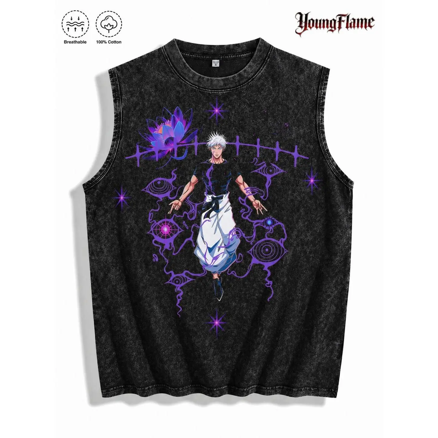 Japanese Anime White Hair Sorcerer Tank Top Vintage Washed Sleeveless Shirt Men Magic Energy Graphic Tee Streetwear Y2K Gym Oversized boys merch tiktokshopspringglowup male clothing everyday outdoorfun t-shirt clothes