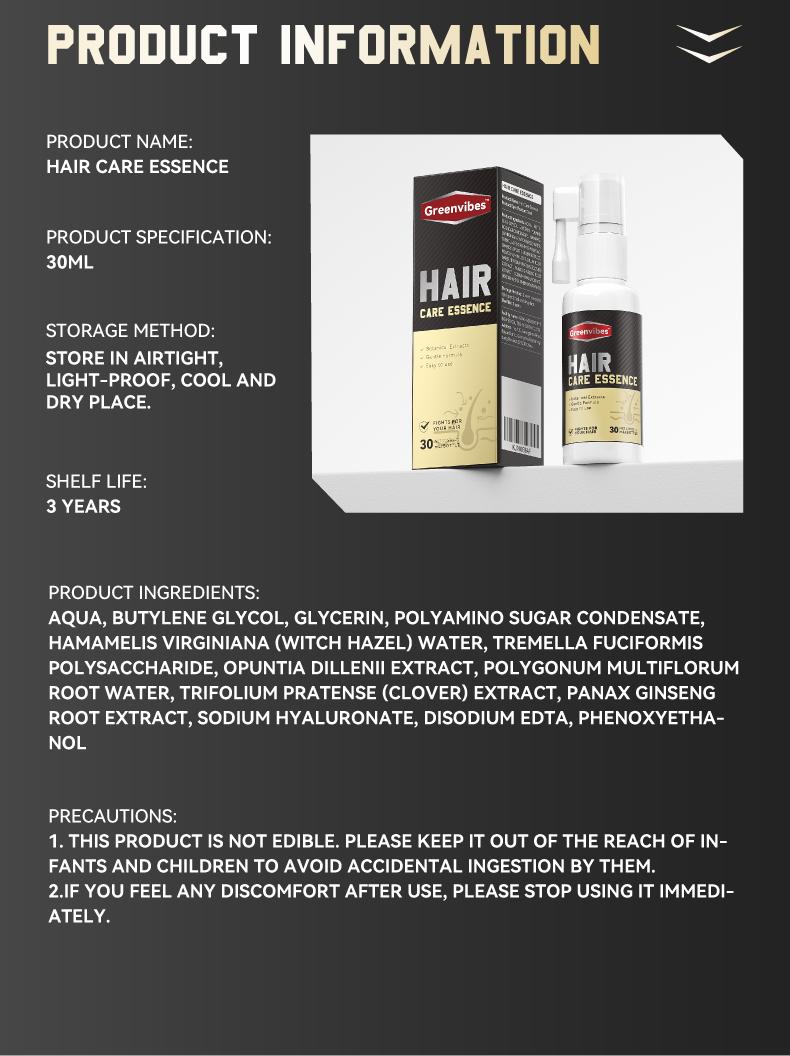 Greenvibes 1 Hair Care Essence  Containing Ingredients such as Butylene Glycol, Glycerin, and Polyaminoglycoside Condensates Enhance Strength and Vitality