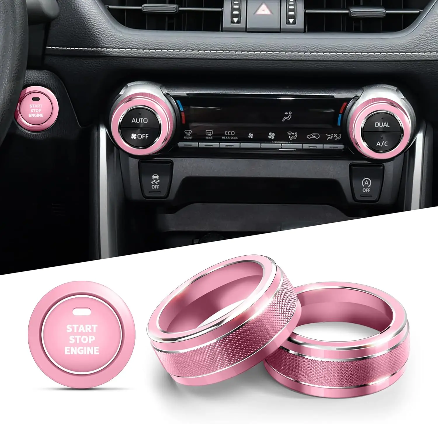 Car Interior Art Accessories - Round Push Start Button Cover with Button Protection + 4 Pink AC Knob Trim Rings, Easy Install Press Fit for Toyota RAV4 2019-2025