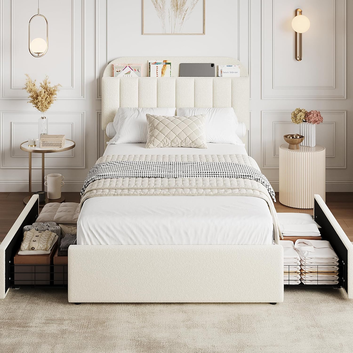 Twin Bed Frame with Storage Headboard, Kids Bed Frame with 2 Drawers, Boucle Upholstered Platform Bed with Bookcase, No Box Spring Needed, Easy Assembly, Beige White