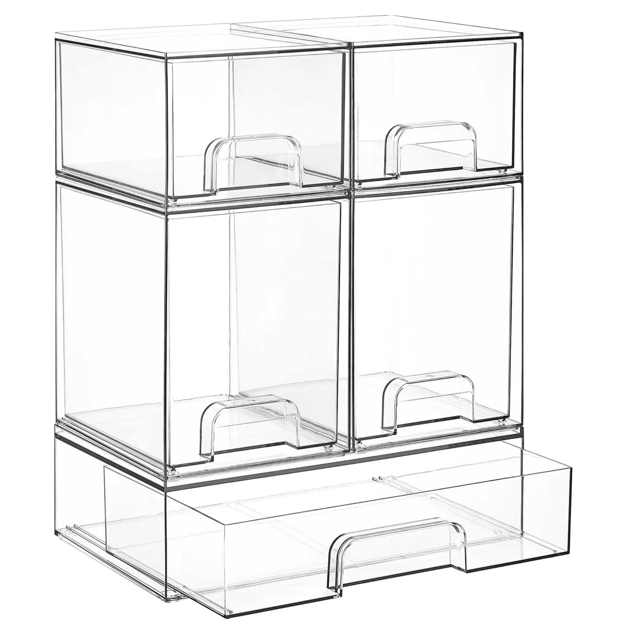 Stackable Storage Drawers Set of 5, Clear Plastic Organizer Bins for Bottle, Beauty Supplies Storage, Ideal for Kichen Countertop, Vanity, Bathroom, Cabinet, Pantry Organization