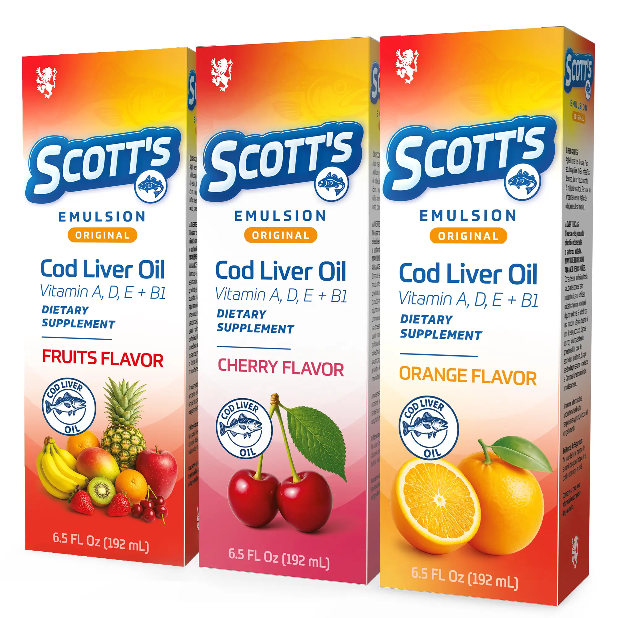 Scott's Emulsion Vitamin Variety Pack - 3-Count Edible Liquid Dietary Supplement (6.5 Fl Oz Each, Strawberry, Banana, Cherry, Orange Flavors) for Children, Immune Boost, Fish-Sourced Omegas, Heart Health, Brain Support, Minerals, Nicotine-Free Formula