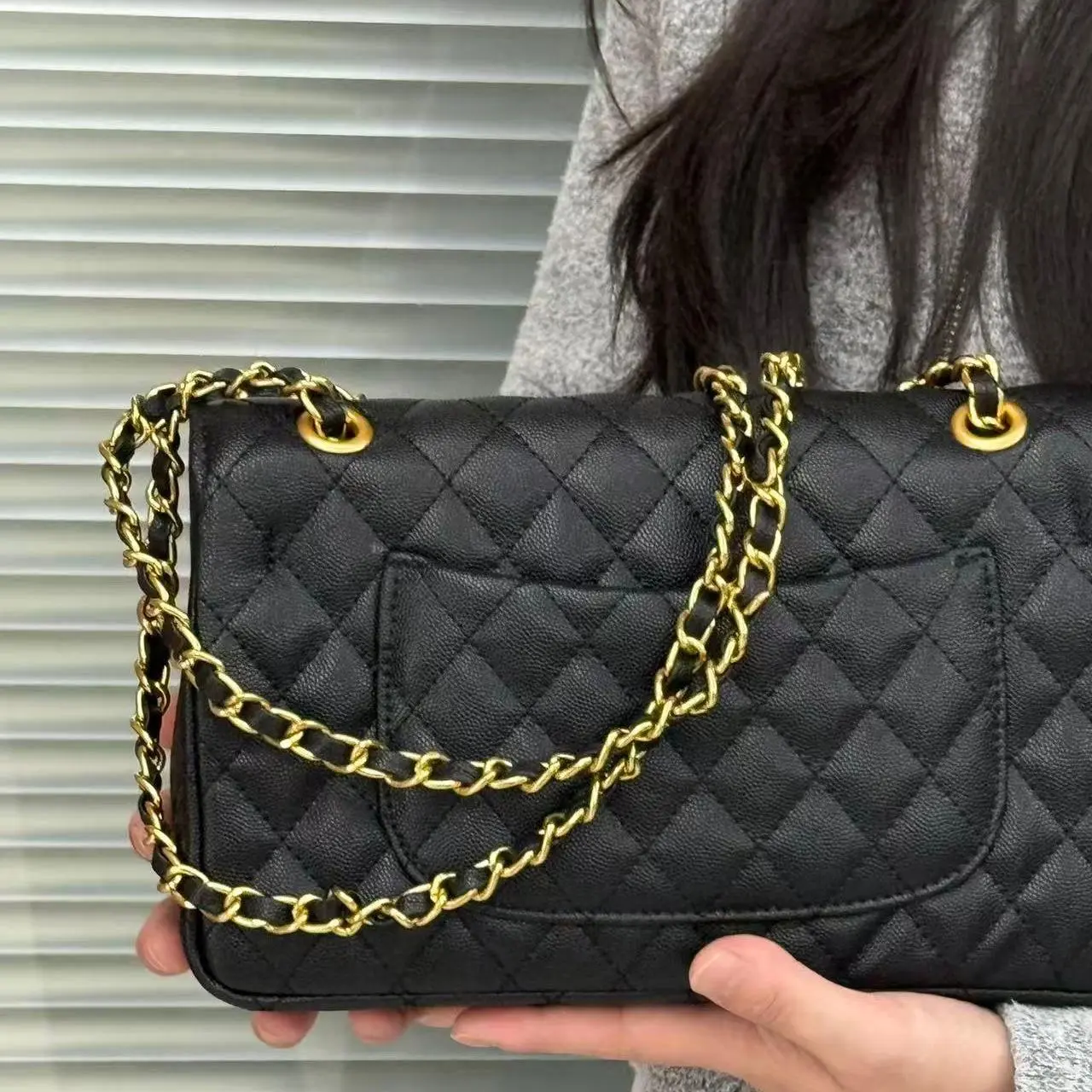 Quilted Long Shoulder Bag, Black Leather Chain Crossbody Purse, Classic Diamond Lattice Rectangular Handbag for Daily & Evening Outfits