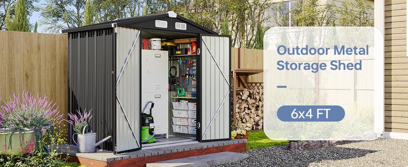 Aoxun Outdoor Storage Shed Metal Garden Tool Shed with Sloping Roof & Lockable Door for Patio Lawn Backyard Black Organizer for Garden Tools